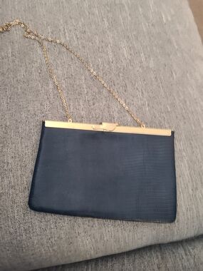 Etra Vintage 60s/70s Navy Evening Clutch Gold Chain Pristine Reptile Leather